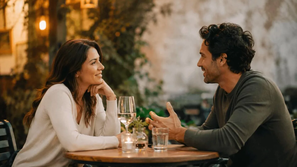 A couple having an open and meaningful conversation during a relaxed date