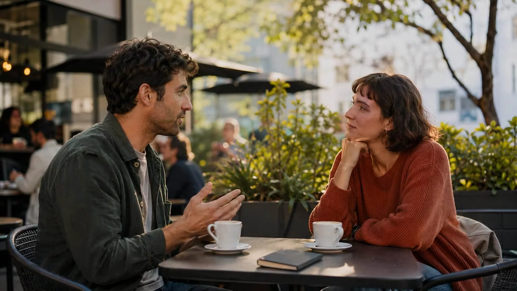 Two adults having an open conversation while practicing intentional dating