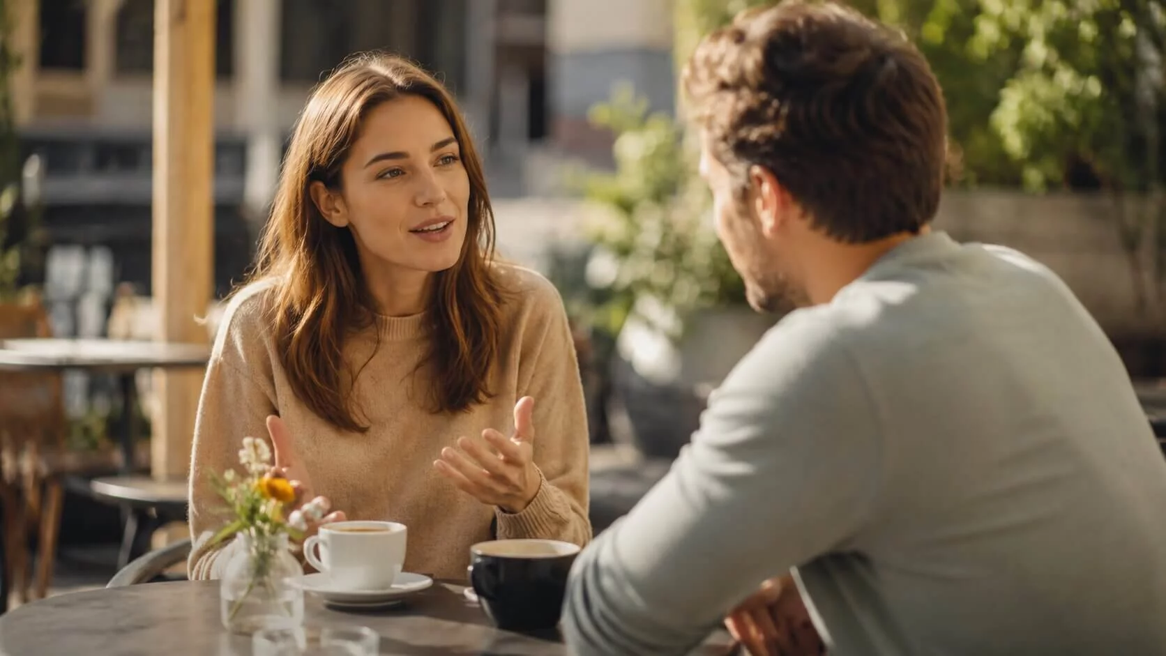 Two adults having an open conversation at an outdoor café, representing healthy communication in dating