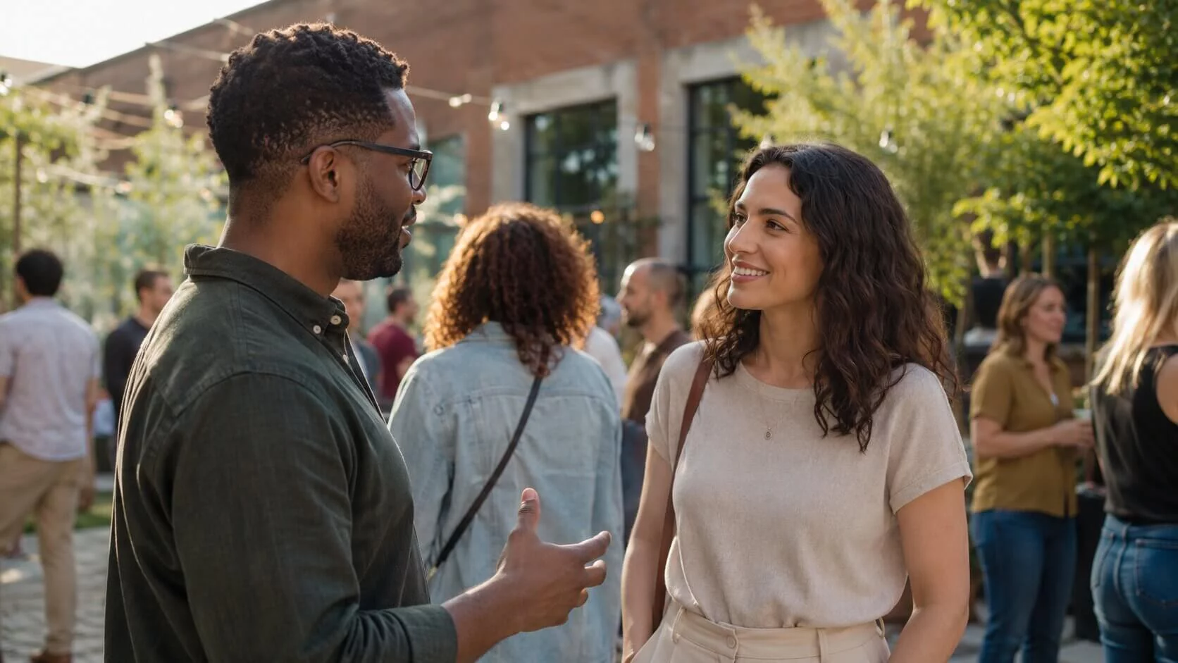 Two adults starting a natural conversation at an outdoor social event
