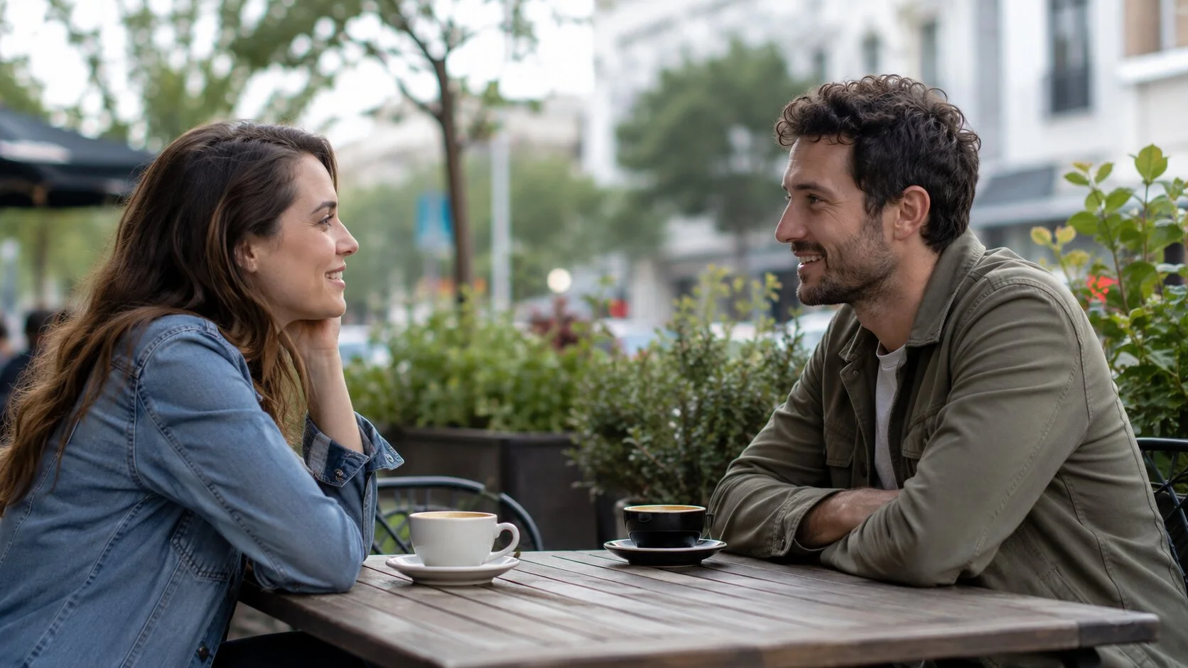 Couple having a relaxed conversation on a first date.