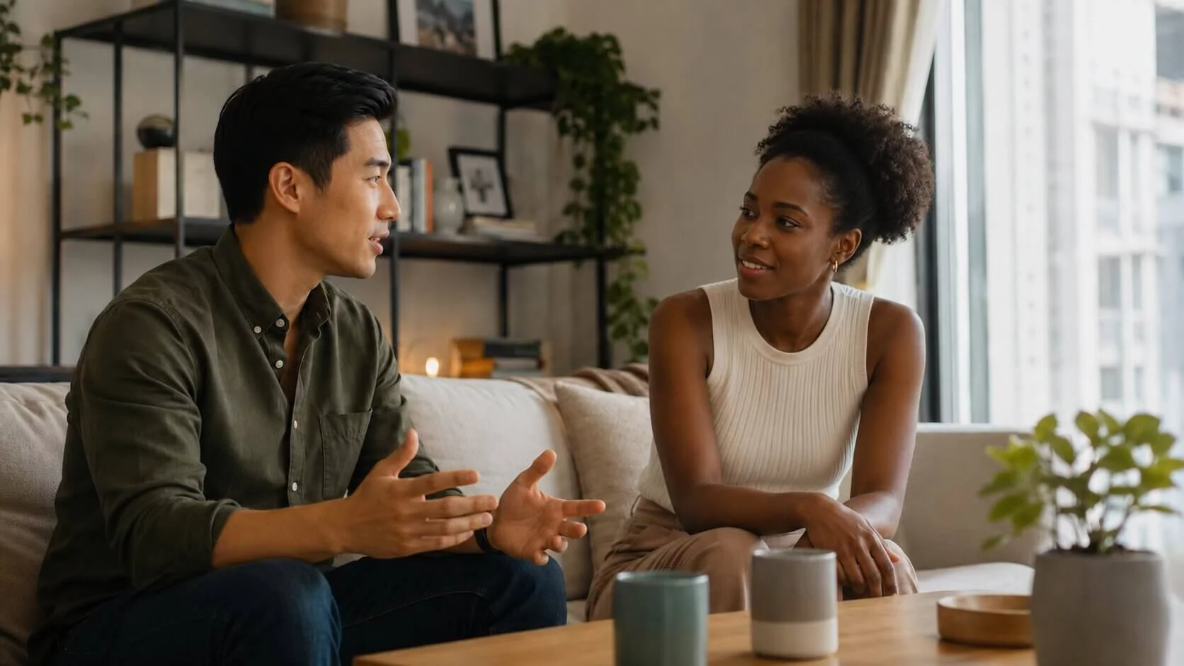 Two adults having an emotionally open conversation during early dating.