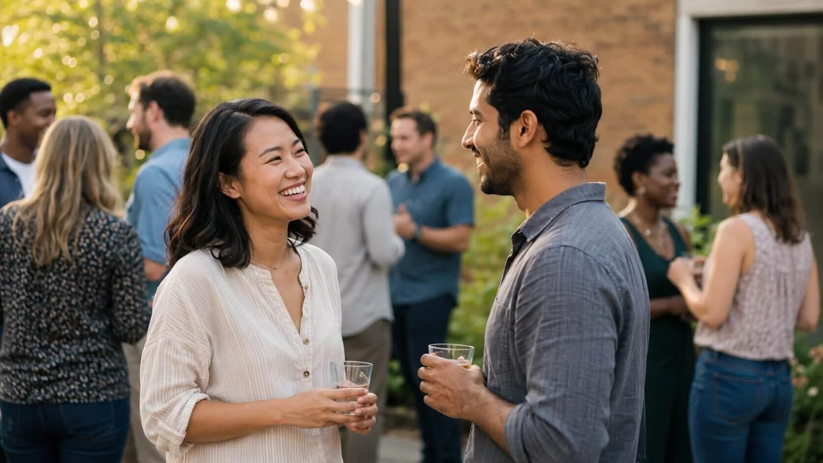Two adults meeting naturally at an outdoor social gathering.