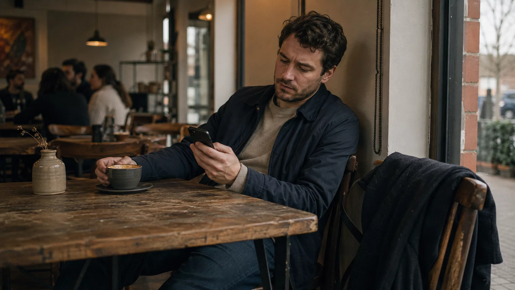 Person reading an inconsistent dating message alone at a café.